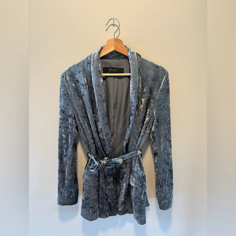 Zara Crushed Velvet Kimono Belted Blazer